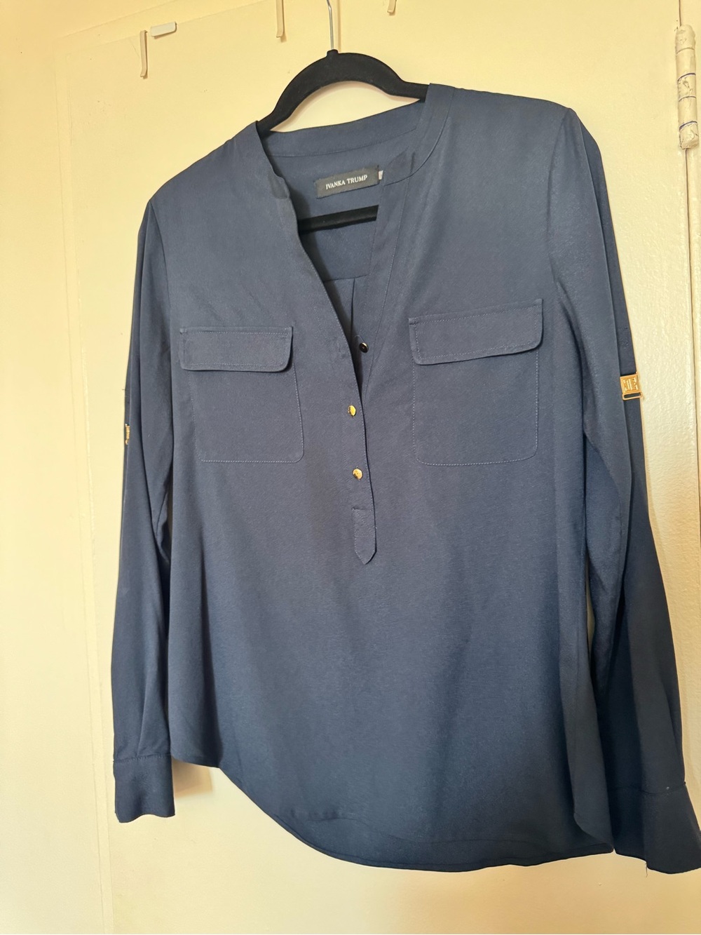 Ivanka Trump Navy Long-Sleeve V-Neck Blouse with Gold Buttons